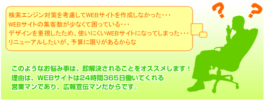 検索エンジン対策を考慮してWEBサイトを作成しなかった・・・
WEBサイトの集客数が少なくて困っている・・・
デザインを重視したため、使いにくいWEBサイトになってしまった・・・
リニューアルしたいが、予算に限りがあるからな